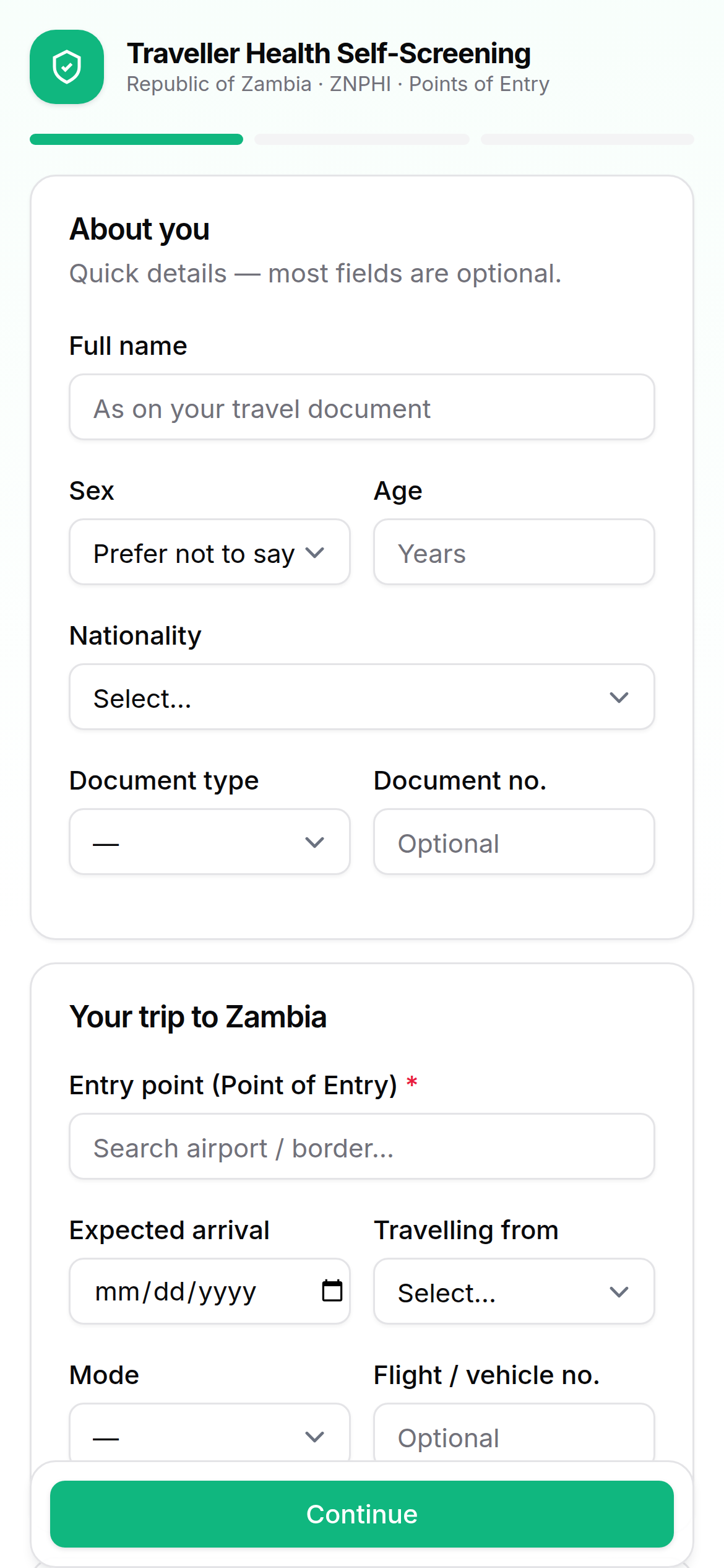 Self-screening form